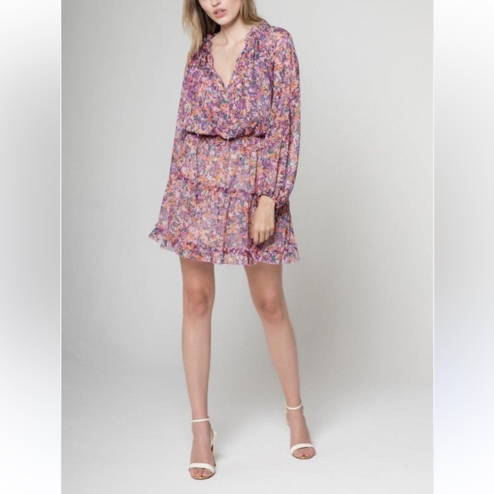 Lavender Brown Long Sleeve Ruffle Tiered Mini Sheer Sleeves Floral Size XS